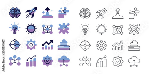 Innovation, Technology, and Start-up Business Icon Set in Flat and Line Styles