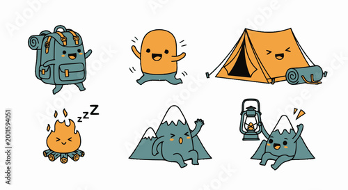 Cartoon monster camping adventure outdoors.