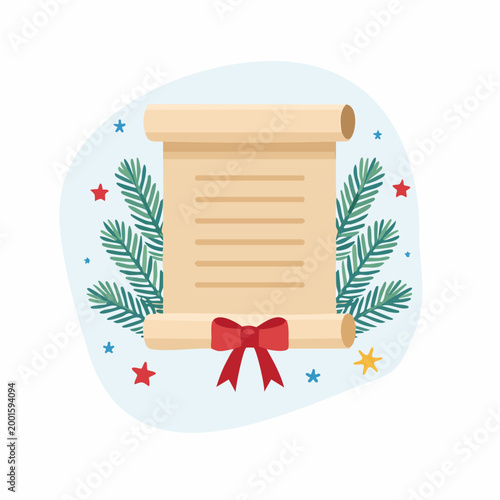 Christmas Wish List Scroll with Pine Branches and Stars