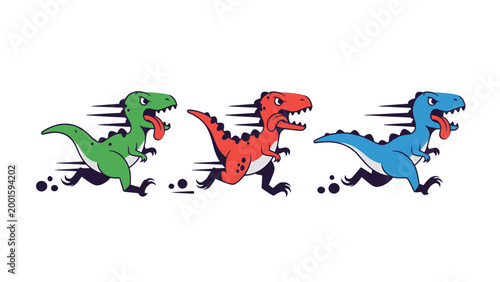 Speedy cartoon dinosaurs running. Green, red, and blue T-Rex characters. Playful prehistoric animal race.