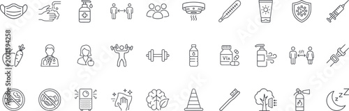 Disease Prevention, Safety Measures, and Healthy Lifestyle Line Icon Set