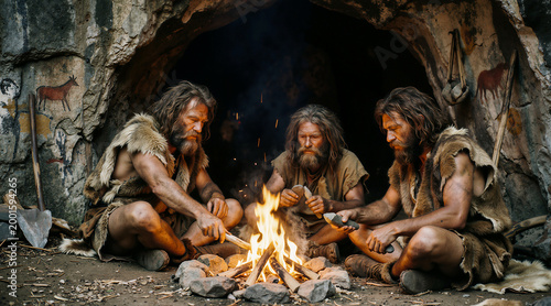 Three prehistoric cavemen dressed in animal furs sit around a crackling fire inside a rocky shelter with cave paintings, carving stone tools in a scene of primitive survival and community.