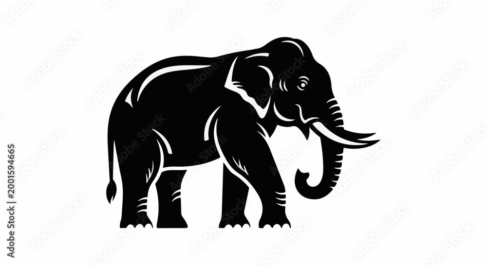 Fototapeta premium Black silhouette of an elephant with large tusks and floppy ears