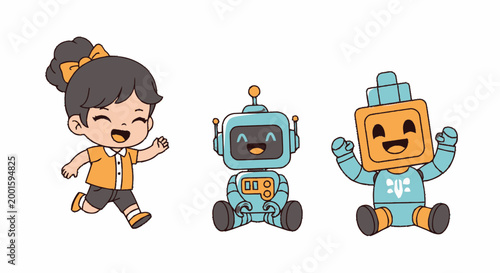 Cartoon robot and child characters.