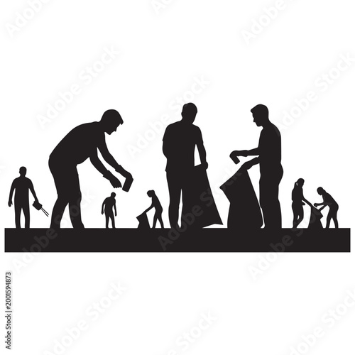 Silhouettes of people cleaning and collecting trash in bags