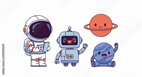Cartoon robots and astronaut in space.