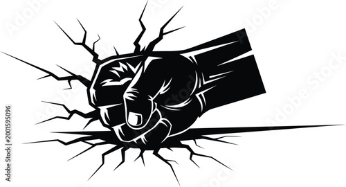 Black fist breaking through cracked surface cracking impact