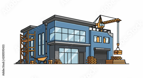 Blue building under construction with crane, scaffolding, and building materials