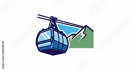 Blue cable car ascends against stylized green mountains and sky