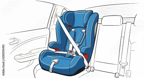 Blue child safety car seat secured with vehicle seatbelt in back seat