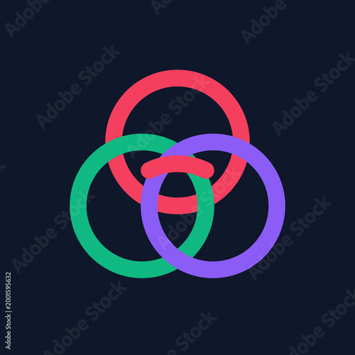 Interlocking red green and purple Borromean rings topological link symbol isolated on a dark background