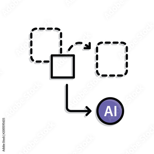 Drag input icon. A small box moves to another box and an arrow to an AI node. Work flow, automation, Engine. Mixed design style.