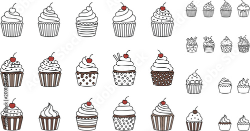 Cupcake icons set with hand drawn desserts frosting and cherry toppings bakery sweet food collection cute doodle vector illustration pack