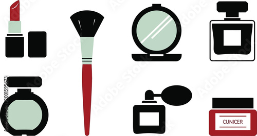 Collection of cosmetic including lipstick, makeup brush, compact mirror, perfume bottles, and jar