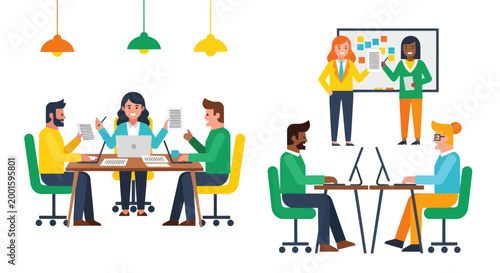 Diverse team collaborating in modern office, brainstorming session and computer work