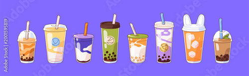 Set of bubble tea with different flavors. Soft drinks with tapioca. Glasses of juice with ice cubes, coffee with milk, cocktails with berries and milkshakes. Flat isolated vector illustrations