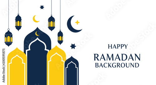 Happy Ramadan Background with Crescent Moon, Stars, Lanterns, and Mosque Arches