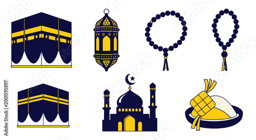 Islamic Icons: Kaaba, Mosque, Lantern, Prayer Beads, Ketupat - Ramadan Mubarak