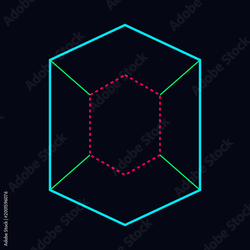 Isometric geometric neon hexagon line art box with dashed red core on dark black illustration