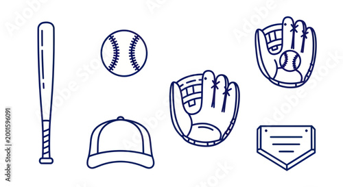 Fotografie Baseball Equipment Icon Set: Bat, Ball, Mitts, Cap, Home Plate