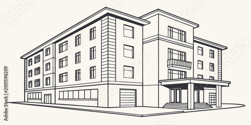 Line drawing of a multi-story building featuring a commercial ground floor and residential upper levels line art real estate building facade