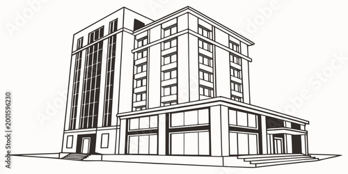 Modern office building facade line art illustration with modern architecture real estate black and white architecture drawing design element