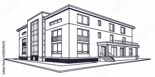 Modern apartment building facade line art drawing with real estate black and white building architecture apartment residential structure
