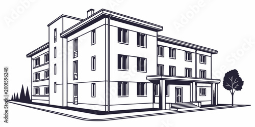 Multi-story residential building facade drawing with real estate black and white line art building residential architecture apartment structure