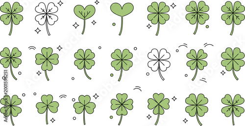 Green shamrock clover icons set with various leaf styles festive St Patrick’s Day botanical collection vector illustration design