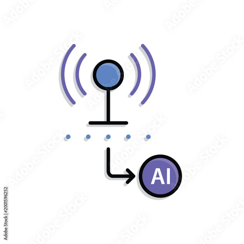 Data Sensors icon. Sensor node with signal wave and arrow to AI node. Work flow, automation, Engine. Isometric design style.