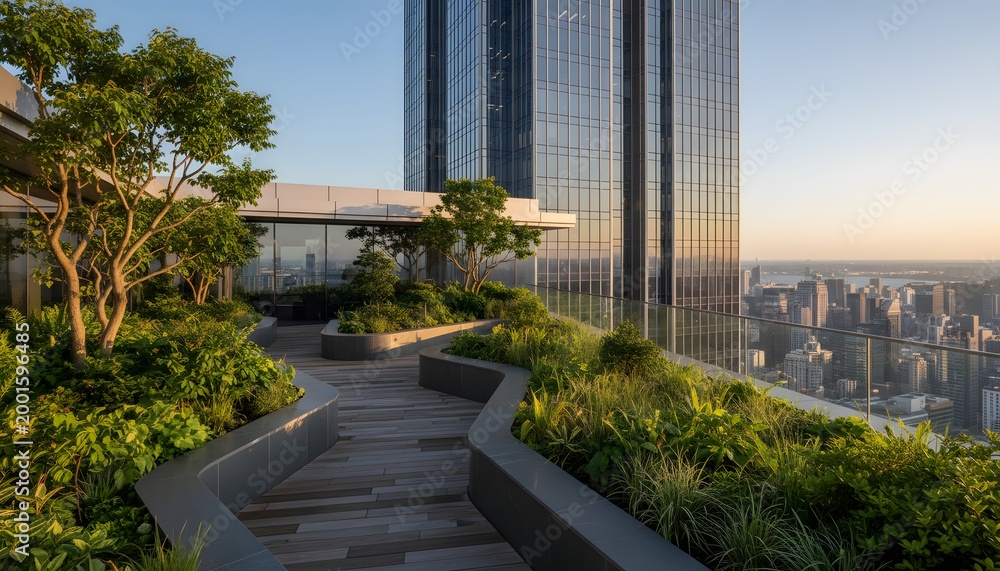 Obraz premium Modern sustainable roof garden and skyscraper architecture at sunset for eco-friendly urban living concept, showcasing lush greenery and city skyline views