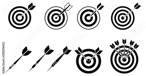 Dart Themed Vector Icon Collection, Target Board and Darts Symbols Set, Sports Game Elements for Competition, Accuracy Concept, Flat and Line Icons for Web, App, UI and Graphic Design