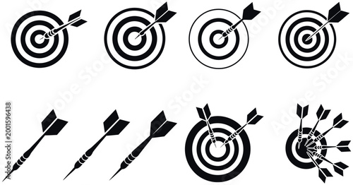 Dart Themed Vector Icon Collection, Target Board and Darts Symbols Set, Sports Game Elements for Competition, Accuracy Concept, Flat and Line Icons for Web, App, UI and Graphic Design