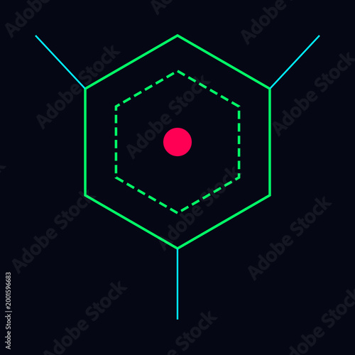 Minimalist technological geometric design featuring a green hexagonal grid and a central red node icon illustration