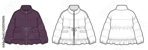 Quilted Puffer Ruffle Hem Jacket Technical Fashion Illustration. Women Zip Up Jacket with Drawstring Waist Panel Construction and Vector Template Outerwear. Winter season. CAD Mockup