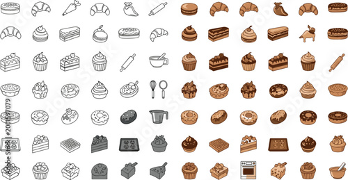 Bakery food icons mega set with pastries cakes bread donuts desserts collection detailed sweet and savory vector illustration pack