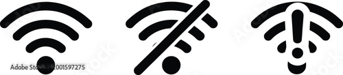 WiFi signal strength icon set, collection of wireless network indicators showing different connection levels for internet connectivity and digital interface design.