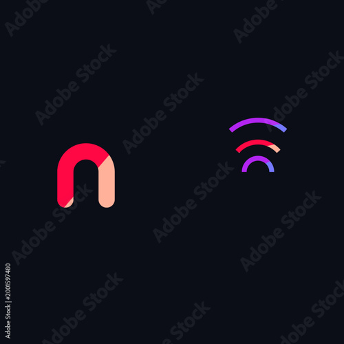 Minimalist horseshoe magnet icon and colored magnetic field waves on a dark black background graphic illustration