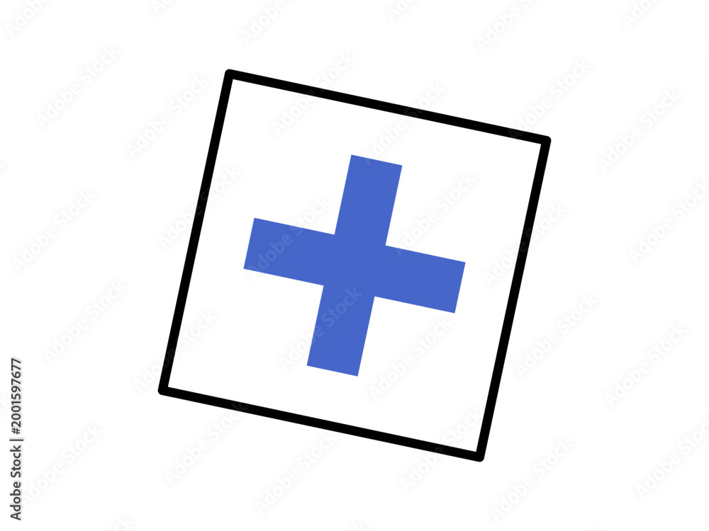 Obraz premium Blue cross symbol inside a tilted black square frame vector illustration. Healthcare, medical clinic, pharmacy, first aid, emergency, hospital. Azure plus sign within a rotated box
