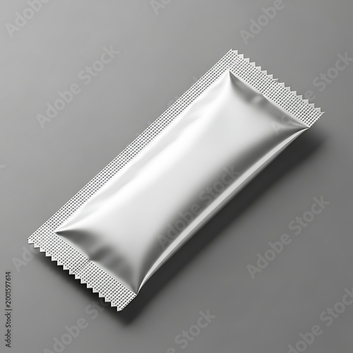 Sealed rectangular foil packet resting on a flat surface