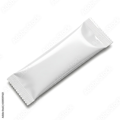 Single white packet of sugar substitute or sweetener laid on a plain background