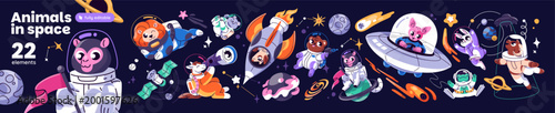 Set of animal astronauts in outer space. Cute spacemen on background of cosmos with planets, asteroids and rockets. Funny cosmonauts in spacesuits and spaceships. Flat isolated vector illustrations