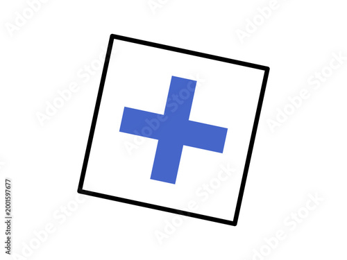 Blue cross symbol inside a tilted black square frame vector illustration. Healthcare, medical clinic, pharmacy, first aid, emergency, hospital. Azure plus sign within a rotated box