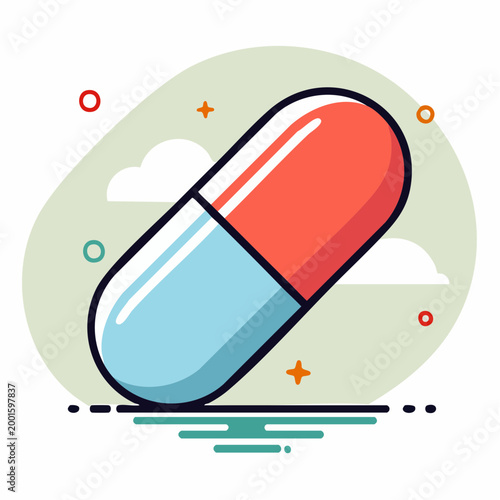 Stylized illustration of a red and blue capsule