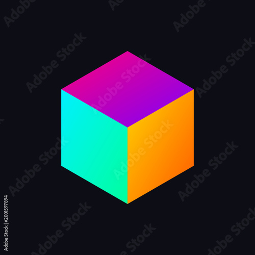 Vibrant 3D isometric cube featuring colorful gradients of purple teal and orange dark background illustration