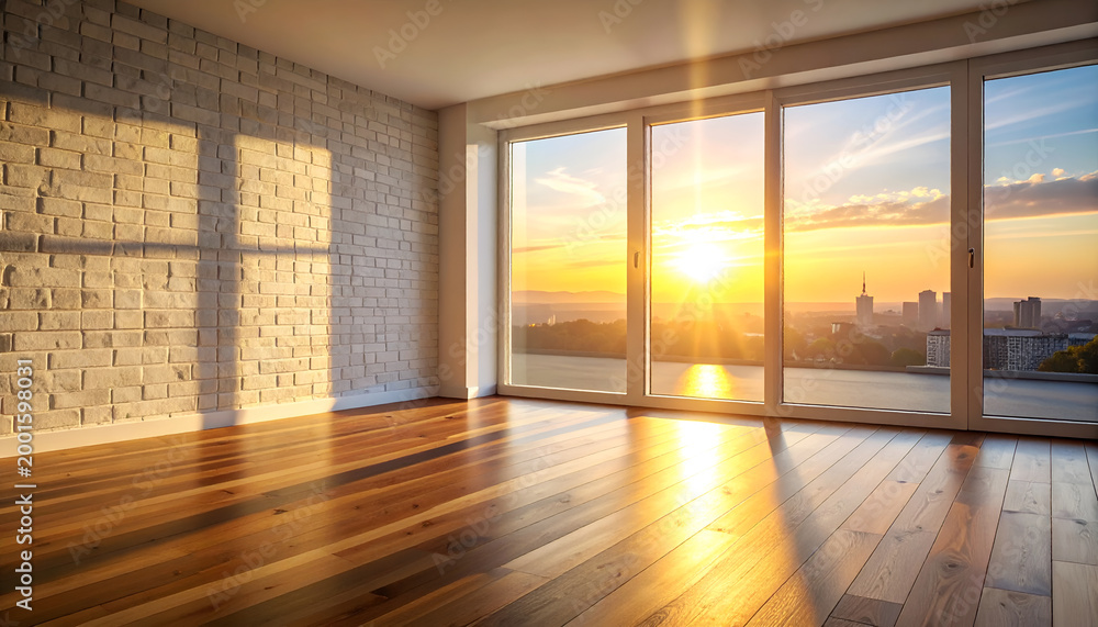 Fototapeta premium Empty Room with Stunning Sunset View Through Large Windows.