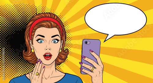Pop Art Woman Taking Selfie with Empty Speech Bubble Vector Illustration