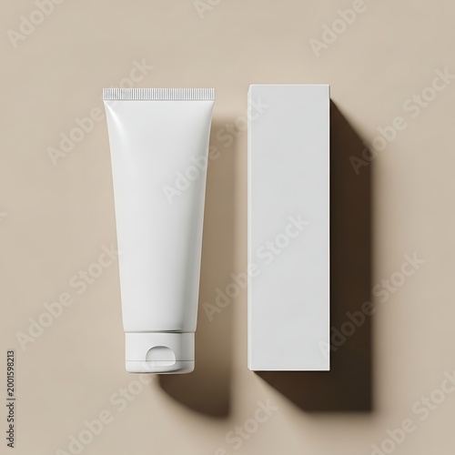 Simple white tube and box skincare product packaging displayed on neutral background