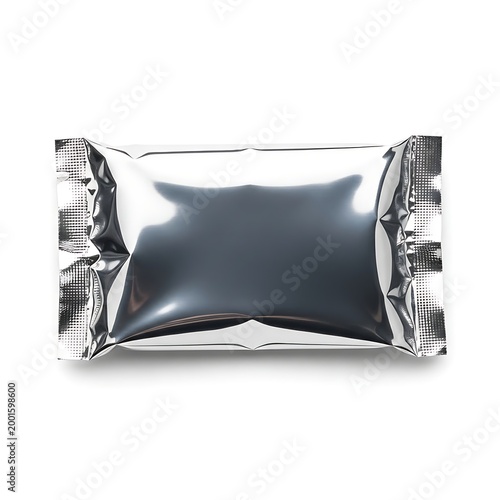 Shiny silver foil wrapped rectangular package with crinkled edges.