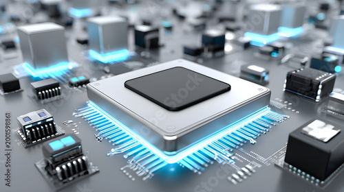 Quantum computer chip processor circuit technology digital data computing futuristic advanced microprocessor with glowing blue connection motherboard, detailed render showing high performance